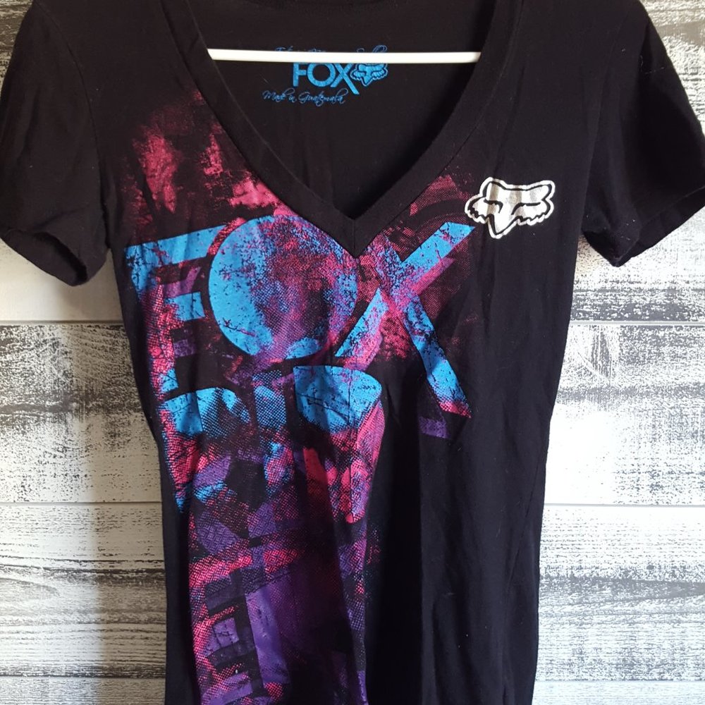 Black V-neck with Pink, Blue, Purple Fox Design